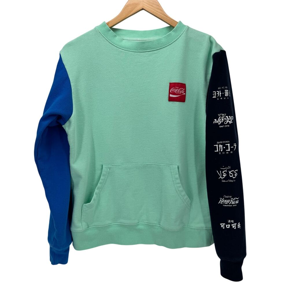 Coca-Cola Sweatshirt Womens Medium Colorblock Embroidered Pullover Logo Sleeve